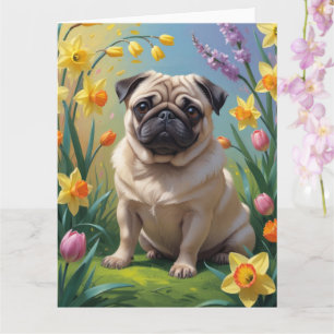 Pug Dog Spring Flowers Painting Card