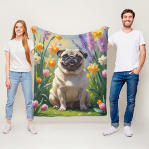 Pug Dog Spring Flowers Painting Fleece Blanket