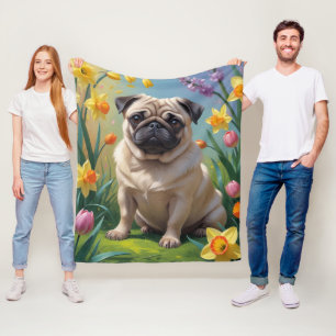 Pug Dog Spring Flowers Painting Fleece Blanket