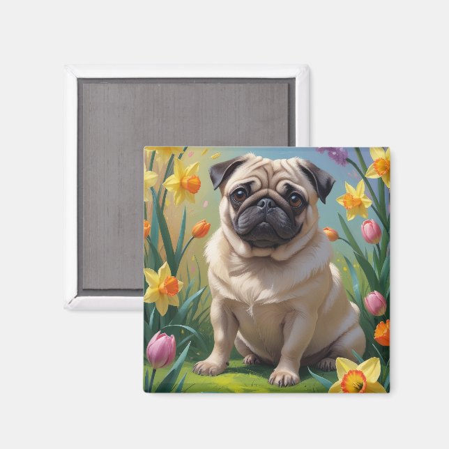 Pug Dog Spring Flowers Painting Magnet (Front/Back)