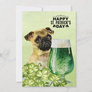 PUG Dog St. Patrick's Day with Hat and Beer Holiday Card