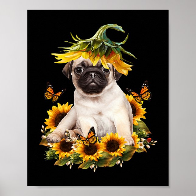 Pug Dog Sunflower Butterfly Cute Dog Lover Gifts Poster (Front)