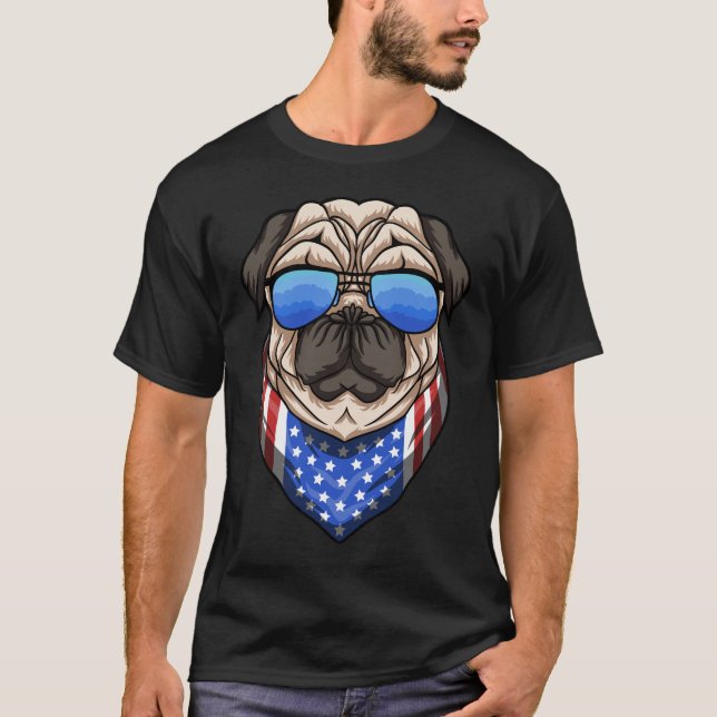 Pug Dog Sunglasses USA Flag Bandanna Cool T-Shirt (Front)