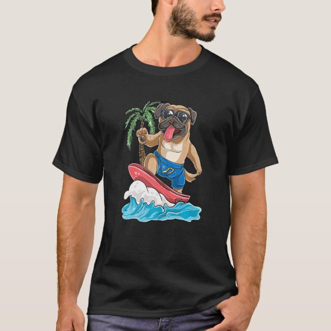 Pug Dog Surfing Retro Surf Board  Surfing T-Shirt (Front)