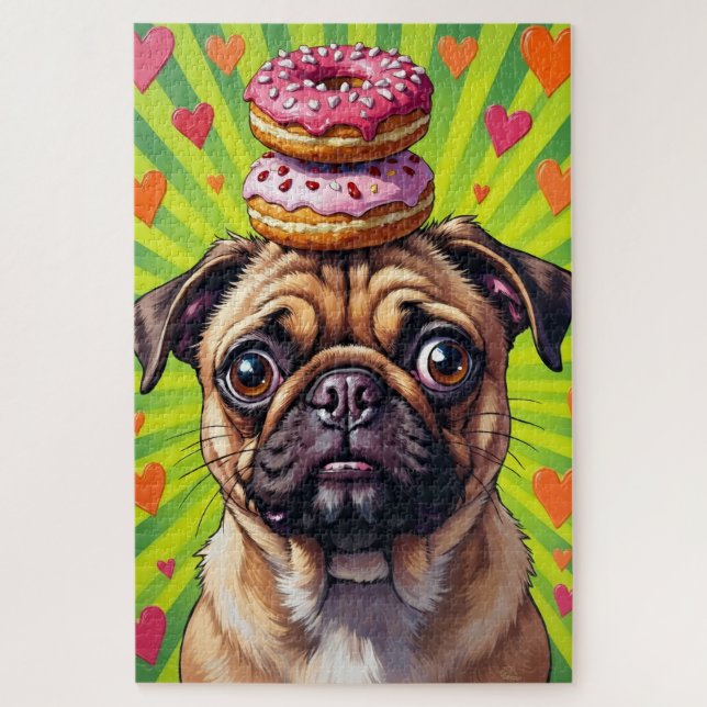 Pug Dog Valentine's Day Heart Donut Stack Jigsaw Puzzle (Vertical)