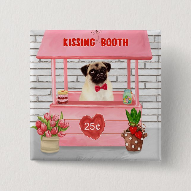 Pug Dog Valentine's Day Kissing Booth 15 Cm Square Badge (Front)