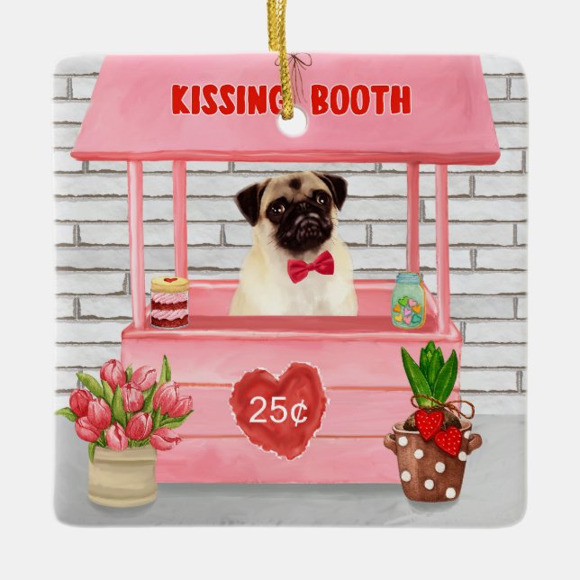 Pug Dog Valentine's Day Kissing Booth Ceramic Ornament (Front)