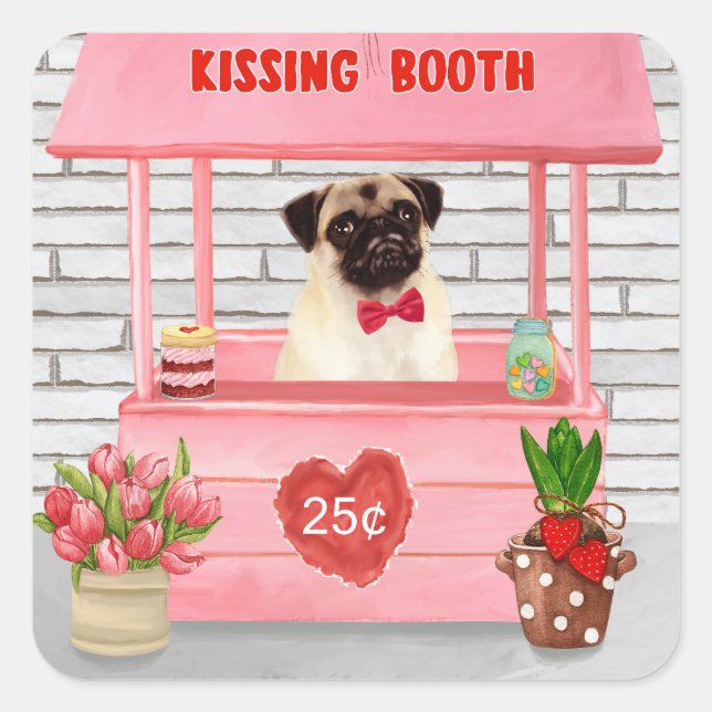 Pug Dog Valentine's Day Kissing Booth Square Sticker (Front)