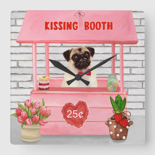 Pug Dog Valentine's Day Kissing Booth Square Wall Clock (Front)