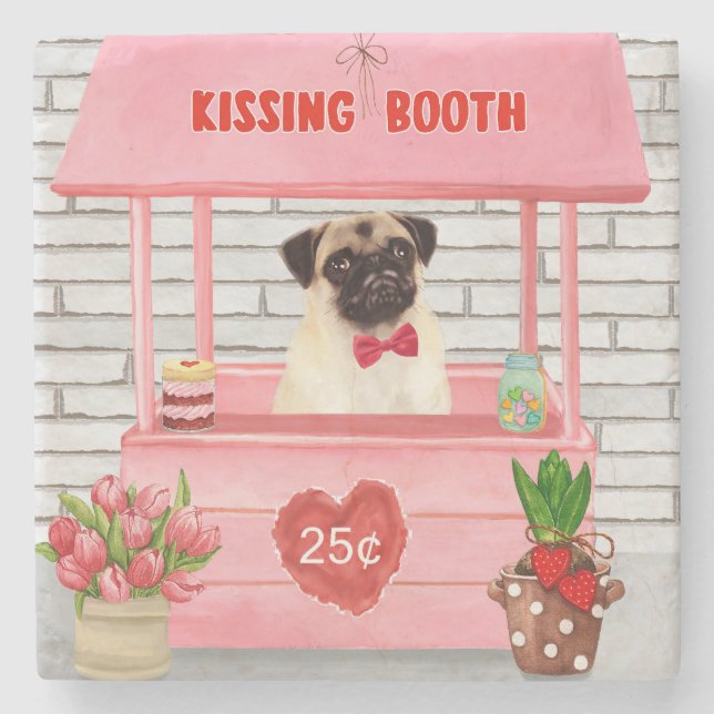 Pug Dog Valentine's Day Kissing Booth Stone Coaster (Front)