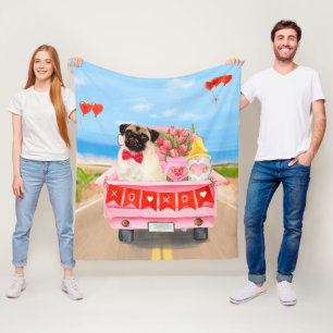 Pug Dog Valentine's Day Truck Fleece Blanket