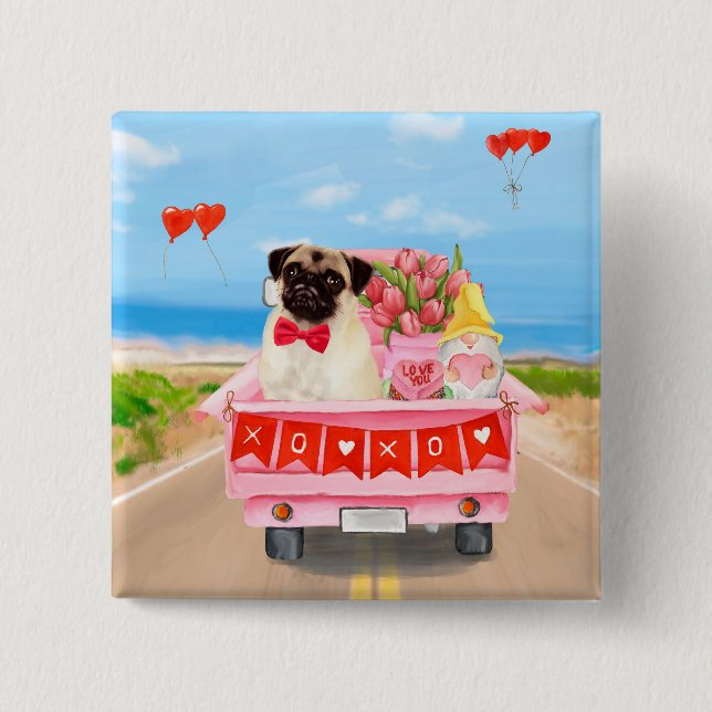 Pug Dog Valentine's Day Truck Hearts 15 Cm Square Badge (Front)