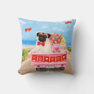 Pug Dog Valentine's Day Truck Hearts Cushion