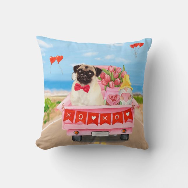 Pug Dog Valentine's Day Truck Hearts Cushion (Front)