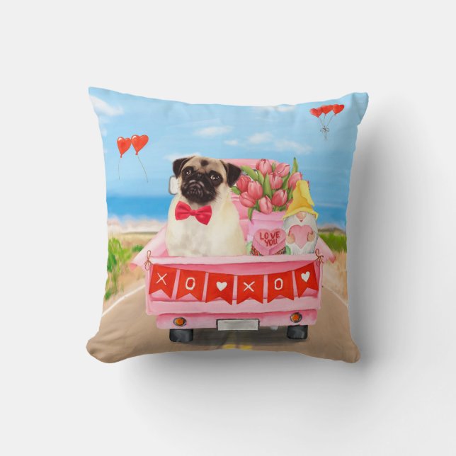 Pug Dog Valentine's Day Truck Hearts  Cushion (Front)