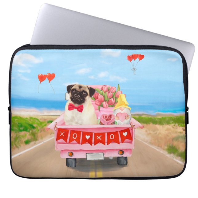 Pug Dog Valentine's Day Truck Hearts Laptop Sleeve (Front)