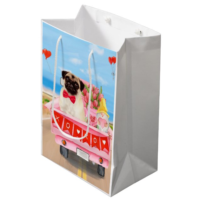 Pug Dog Valentine's Day Truck Hearts Medium Gift Bag (Front Angled)