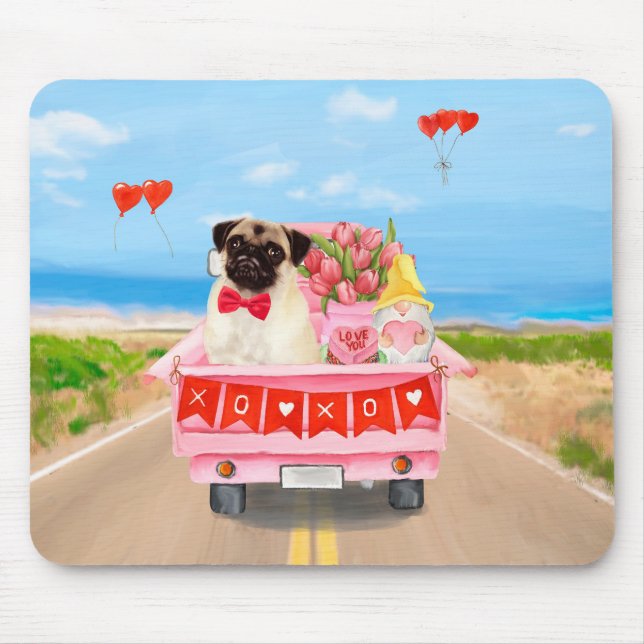 Pug Dog Valentine's Day Truck Hearts Mouse Mat (Front)