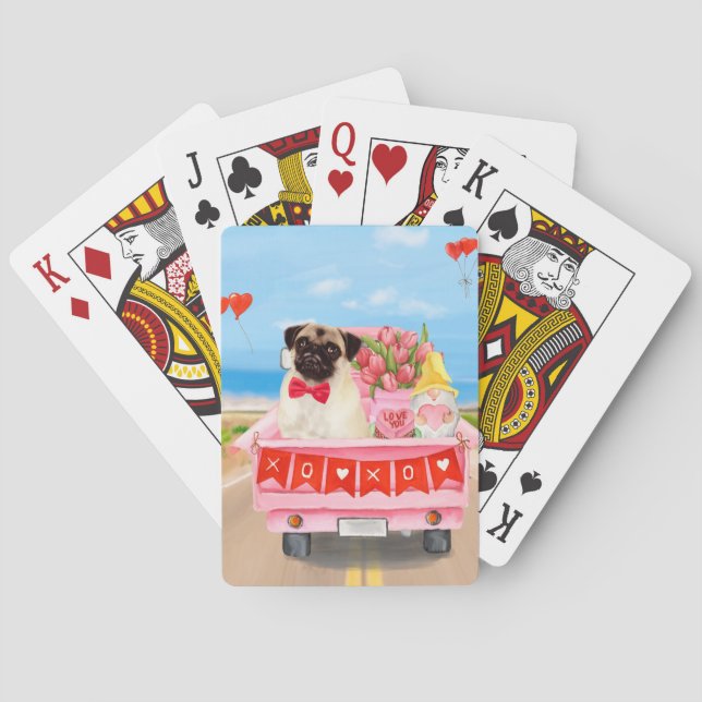 Pug Dog Valentine's Day Truck Hearts Playing Cards (Back)