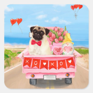 Pug Dog Valentine's Day Truck Hearts Square Sticker