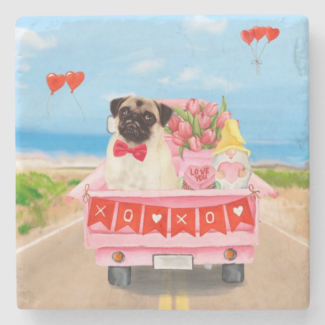 Pug Dog Valentine's Day Truck Hearts Stone Coaster (Front)