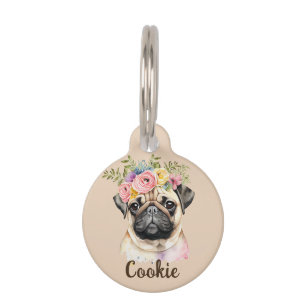 PUG Dog Watercolor Flower Round Pet Tag