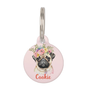 PUG Dog Watercolor Flower Round Pet Tag