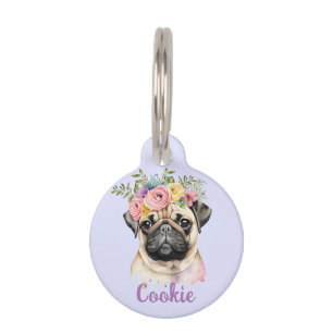 PUG Dog Watercolor Flower Round Pet Tag