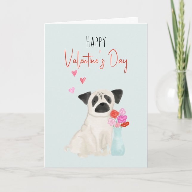 Pug Dog Watercolor Valentines Dog Holiday Card  (Front)
