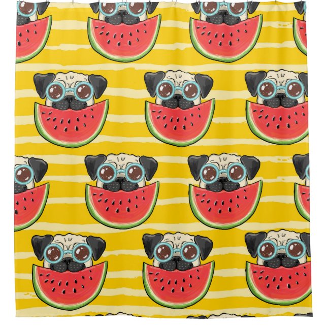 Pug Dog Watermelon: Summer Seamless. Shower Curtain (Front)