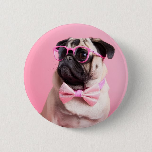 pug dog wearing bow 6 cm round badge (Front)