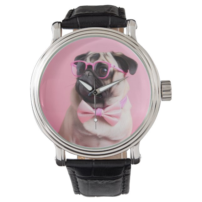 pug dog wearing bow watch (Front)