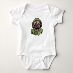 Pug Dog Wearing Green Hoodie Baby Bodysuit