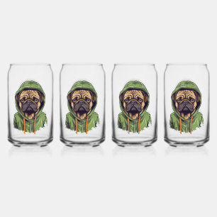 Pug Dog Wearing Green Hoodie Can Glass