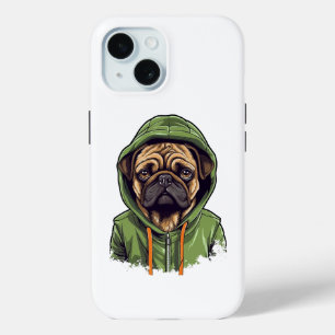 Pug Dog Wearing Green Hoodie iPhone 15 Case