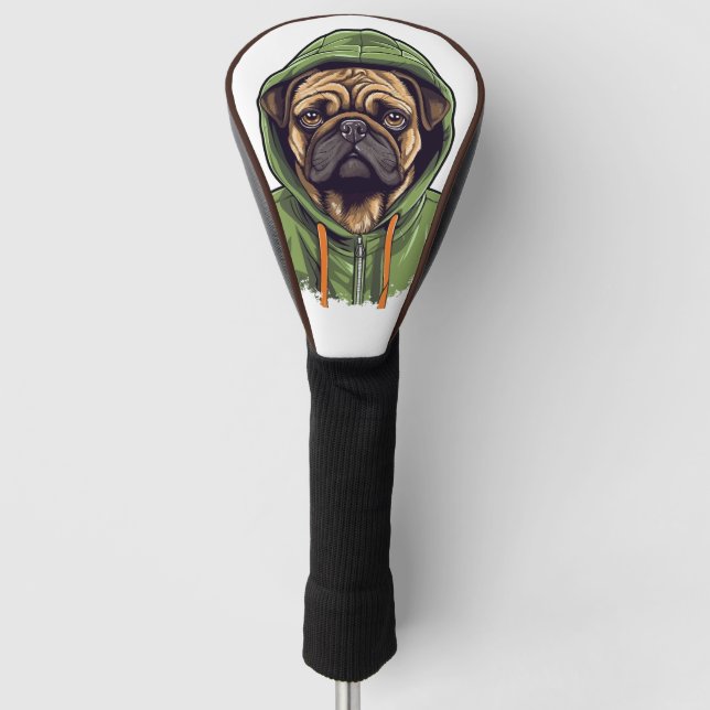 Pug Dog Wearing Green Hoodie Golf Head Cover (Front)