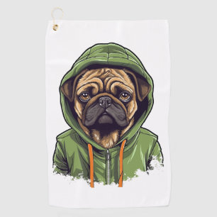 Pug Dog Wearing Green Hoodie Golf Towel