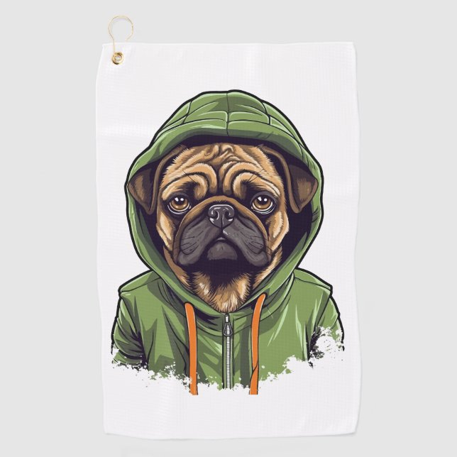 Pug Dog Wearing Green Hoodie Golf Towel (Front)