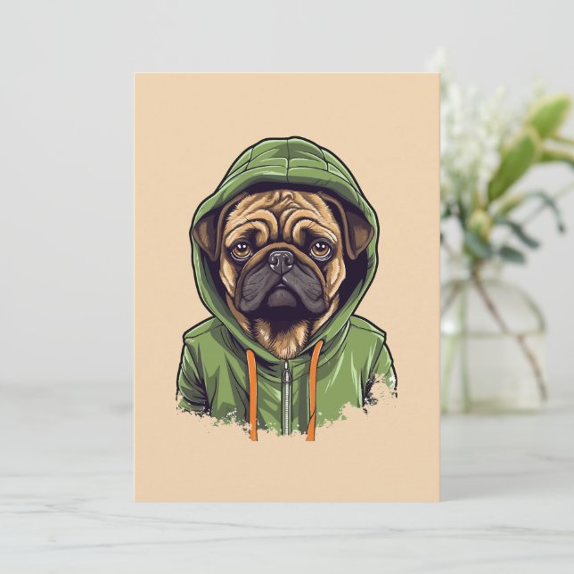 Pug Dog Wearing Green Hoodie Holiday Card (Standing Front)