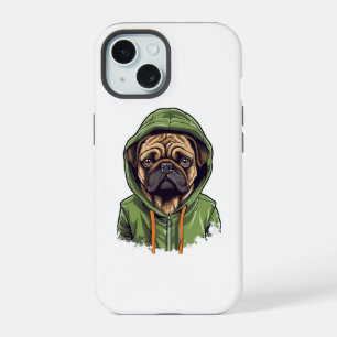 Pug Dog Wearing Green Hoodie iPhone 15 Case