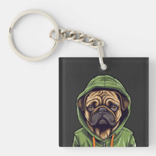 Pug Dog Wearing Green Hoodie Key Ring