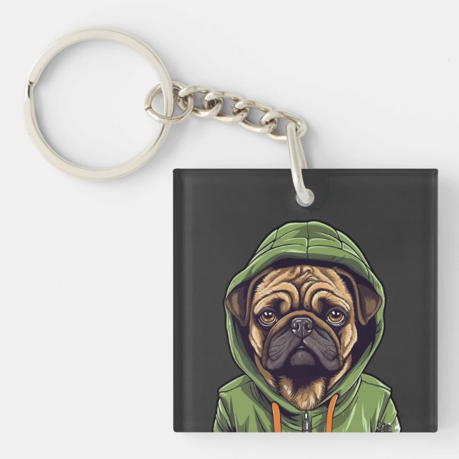 Pug Dog Wearing Green Hoodie Key Ring (Front)
