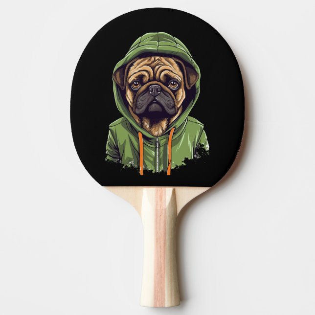 Pug Dog Wearing Green Hoodie Ping Pong Paddle (Front)
