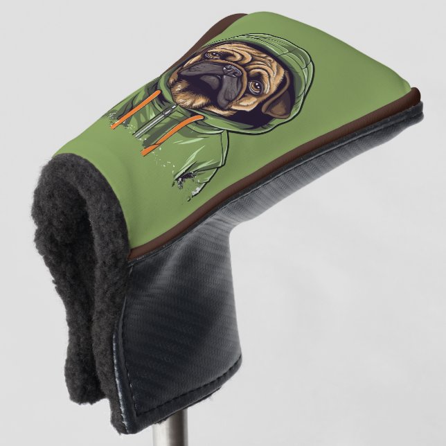 Pug Dog Wearing Green Hoodie Putter Golf Head Cover (3/4 Front)