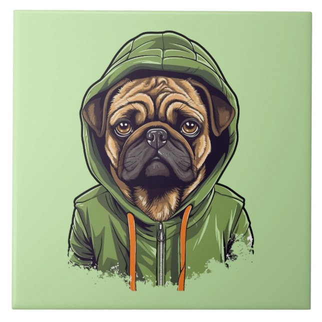 Pug Dog Wearing Green Hoodie Tile (Front)