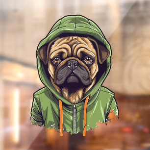 Pug Dog Wearing Green Hoodie Window Cling