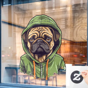 Pug Dog Wearing Green Hoodie Window Cling