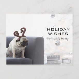 Pug dog wearing reindeer horns on couch holiday postcard