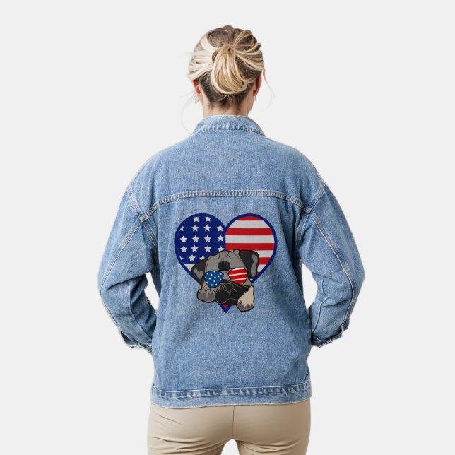 Pug Dog Wearing Sunglasses USA Flag Heart Womens Denim Jacket (Model)