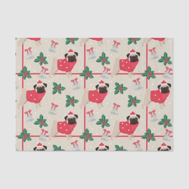 Pug Dog Wearing Sweater & Christmas Santa Hat Tissue Paper (Front)